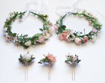Couronne florale de mariée, couronne de fleurs rose, couronne de cheveux Blush, couronne de fleurs Boho, couronne de fleurs de mariage