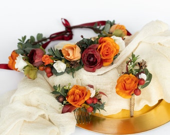 Terracotta flower crown, Bridal hair comb, Wedding boutonniere, Woodland crown, Boho flower hair comb, Men boutonniere, Orange flower crown