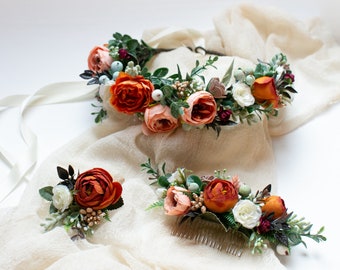 Tocado de flores Boho, corona naranja quemada, tocado floral coral, corona de flores nupcial, boda de otoño, postizo de boda rústico