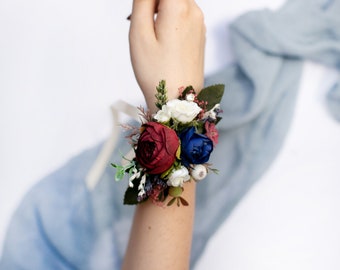 Bridesmaid wrist corsage, Burgundy wrist corsage, Prom corsage, Bridal flower corsage, Navy blue corsage, Rustic flower bracelet