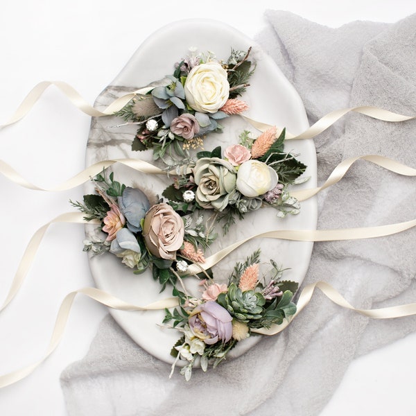 Bracelet fleur mariée, corsage poignet gris, corsage floral Boho, bracelet floral Blush, accessoires floraux