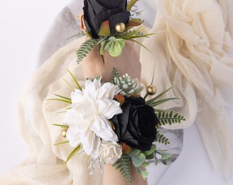 Black rose corsage and boutonniere set with white dahlia flowers, wrist corsage on pearl elastic bracelet, perfect for prom and weddings