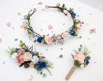 Navy flower crown, Blush floral crown, Dusty pink floral accessories set, Flower pink wedding set, Bridesmaid flower headpieces, Blush comb