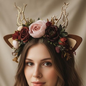 Burgundy deer headband, Christmas flower horns, Reindeer flower crown, Winter deer headband, Marsala deer corner, Reindeer headdress