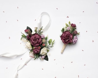 Corsage and boutonniere set, Wedding boutonniere, Boho wrist corsage, Rustic flower boutonniere, Prom corsage and boutonniere