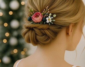Winter wedding hair pins, Christmas gift for sister or mom, bridal hairpiece, New Year accessory, handmade floral pins, flower hair clip