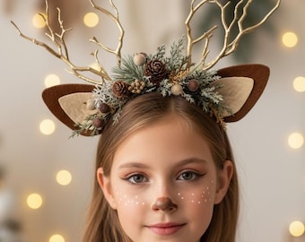 Rustic Christmas Reindeer Headband – Handmade Woodland Boho Deer Antlers for Girl – Gold Twig Crown Fine Art Kids Photoshoot Accessory Gift