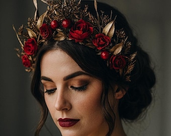 Gold headband leaves, Gothic accessories, Gold crown, Botanical crown, Golden boho headband, Grecian bridal headpiece, Gold red leaves crown