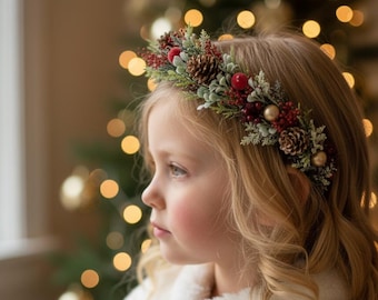 Red Christmas flower girl crown, natural pinecone headpiece, handmade holiday wedding accessory, unique gift for little girl, rustic wedding