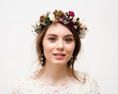 Beige Burgundy wedding flower crown, fall flower headband, bridal floral crown, rustic flower crown, bridal crown, bridesmaid heapiece