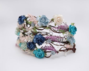 Tocado de flores nupcial, corona de flores azul marino, corona floral de boda, tocado de flores para niños pequeños
