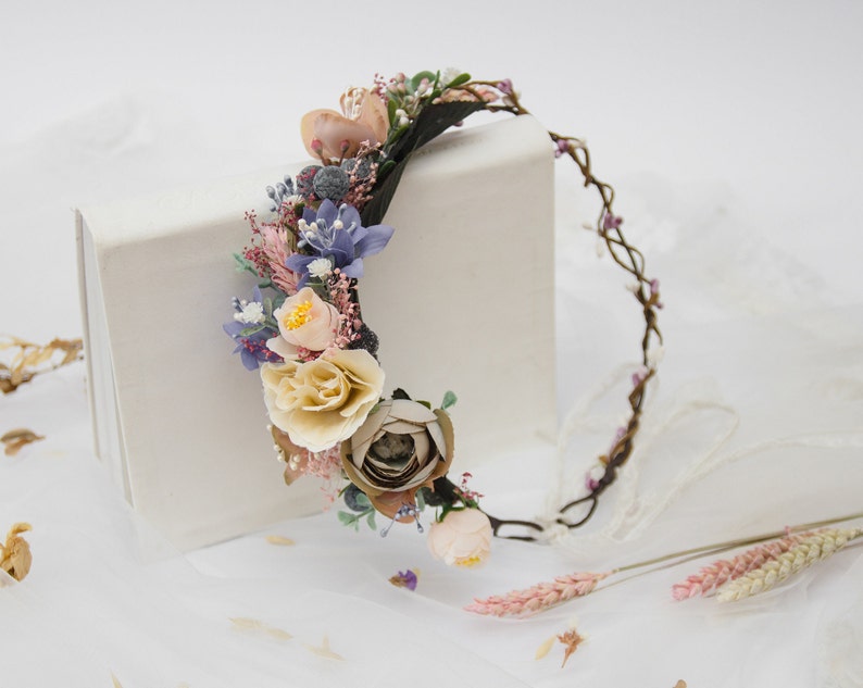 Blue flower crown Beige floral crown Wedding headpiece | Etsy