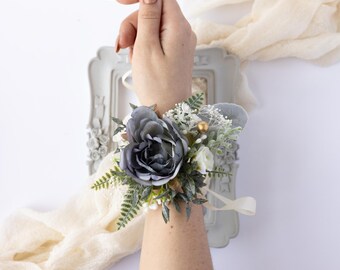 Homecoming corsage Bohemian flowers accessories wedding Blue gray floral wrist corsage bracelet Dried flower corsage succulent boutonniere
