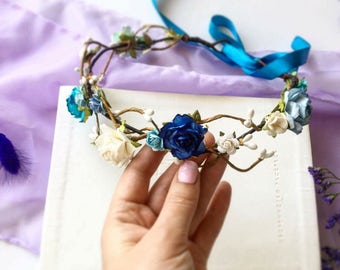 Corona di fiori da sposa, corona di fiori, copricapo da sposa, corona di fiori blu navy, fascia di fiori appena nati