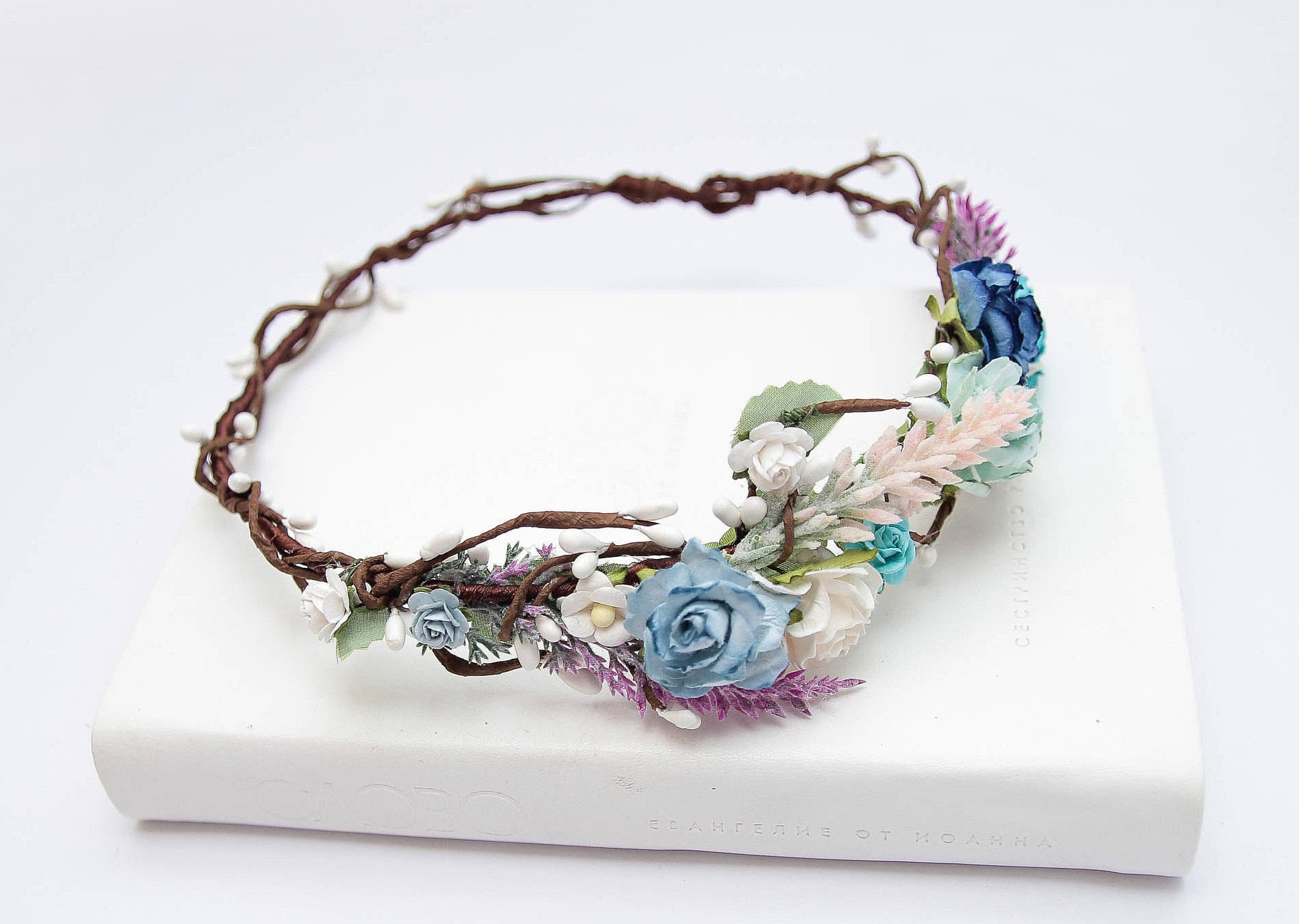 Blue Flower Crown, Boho Flower Crown, Wedding Flower Crown, White ...