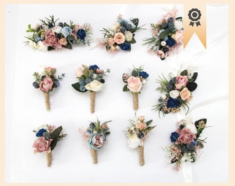 navy blush dusty pink floral accessories set, pink wedding set of bridesmaid wrist corsage groom boutonniere, flower hair comb, Homecoming