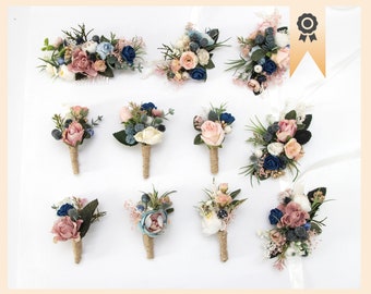 navy blush dusty pink floral accessories set, pink wedding set of bridesmaid wrist corsage groom boutonniere, flower hair comb 1235