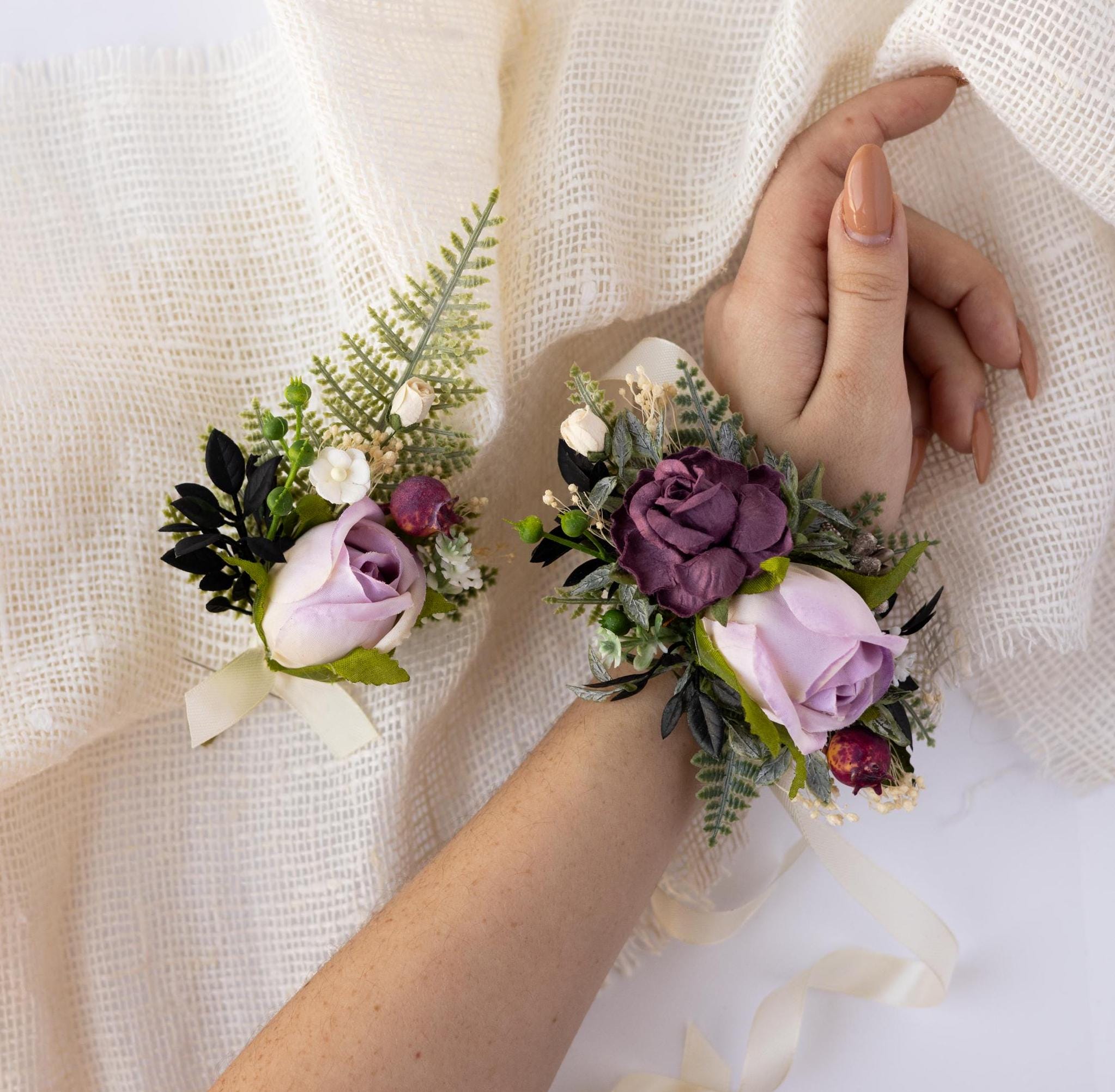 fitted lace wedding dress Purple & Gold Wrist Corsage