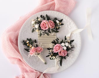 Wedding pink wrist corsage boutonniere set, Bridal rose wrist corsage, Groom pocket boutonniere, Meadow dried eucalypt flower accessories