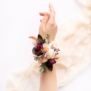 Bridal flower corsage, Boho wrist corsage, Maroon floral corsage, Bridesmaid wrist corsage, Wedding flower corsage, Purple wrist corsage