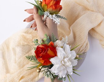 Burnt Orange Rose Corsage and Boutonniere Set with White Dahlia, Pearl Wrist Bracelet, Prom and Boho Fall Wedding Flowers