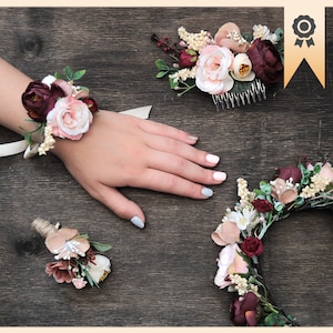 Pink Burgundy Wedding Floral Accessories, Autumn Wedding Set Bridesmaid Corsage Boutonniere Bridesmaid Headpiece Flower Girl Floral Comb