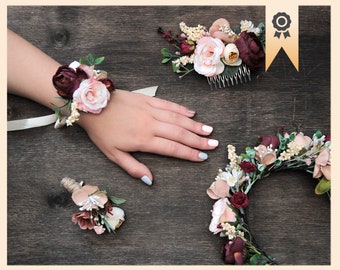 Pink Burgundy Wedding Floral Accessories, Autumn Wedding Set Bridesmaid Corsage Boutonniere Bridesmaid Headpiece Flower Girl Floral Comb