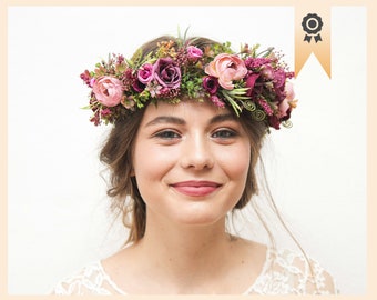 Purple flower crown, Boho floral crown, Lilac flower crown, Maternity crown, Dried flower halo, Bridal flower hairpiece Maroon flower crown