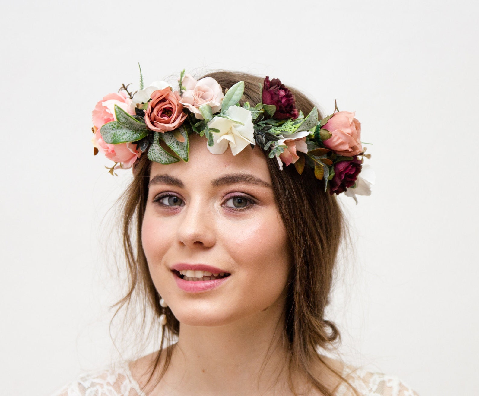 Rose Gold Flower Crown Burgundy Bridal Hair Piece Blush Etsy