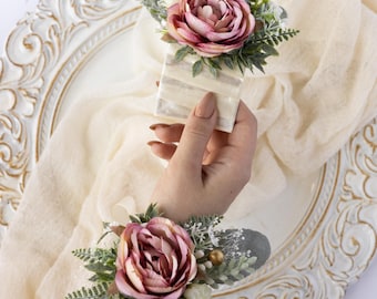 Pink flower corsage and pocket boutonniere set Bridal wrist corsage bracelet for spring wedding Homecoming king and queen accessories set