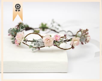 bridesmaid hair piece, blush floral crown, boho flower crown, flower halo, garden wedding flower crown, gray pink flower headpiece 1232