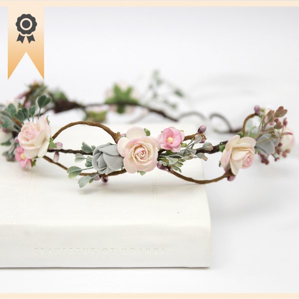 bridesmaid hair piece, blush floral crown, boho flower crown, flower halo, garden wedding flower crown, gray pink flower headpiece 1232