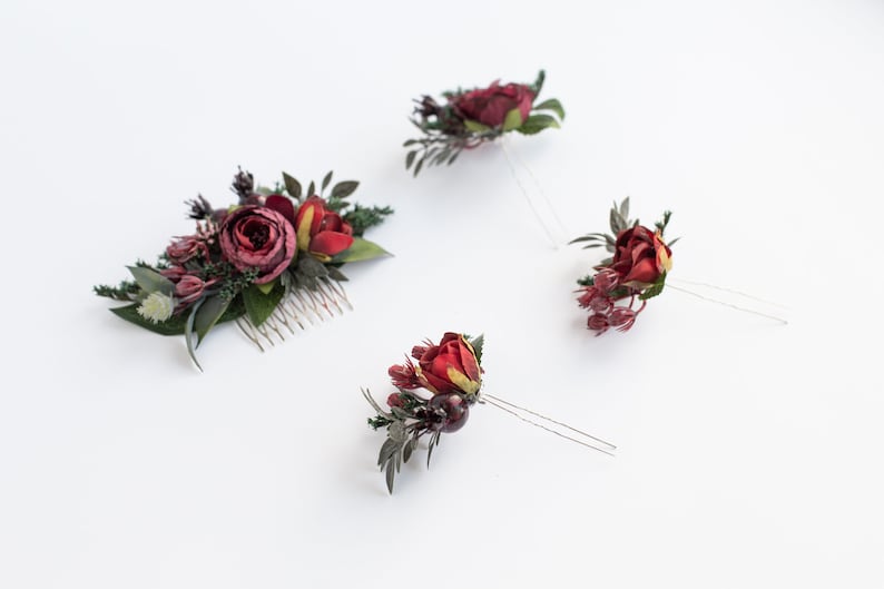 Burgundy floral comb Bridesmaid headpiece Boho flower comb Wedding accessories set Flower comb Burgundy floral clip Floral hair pins