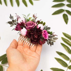 Purple floral comb, Burgundy hair comb, Rustic hair accessory, Wedding hair piece, Bride pink hair comb, Floral headpiece, Blush hair comb image 4