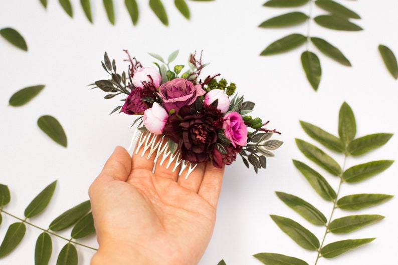 Purple floral comb, Burgundy hair comb, Rustic hair accessory, Wedding hair piece, Bride pink hair comb, Floral headpiece, Blush hair comb image 4