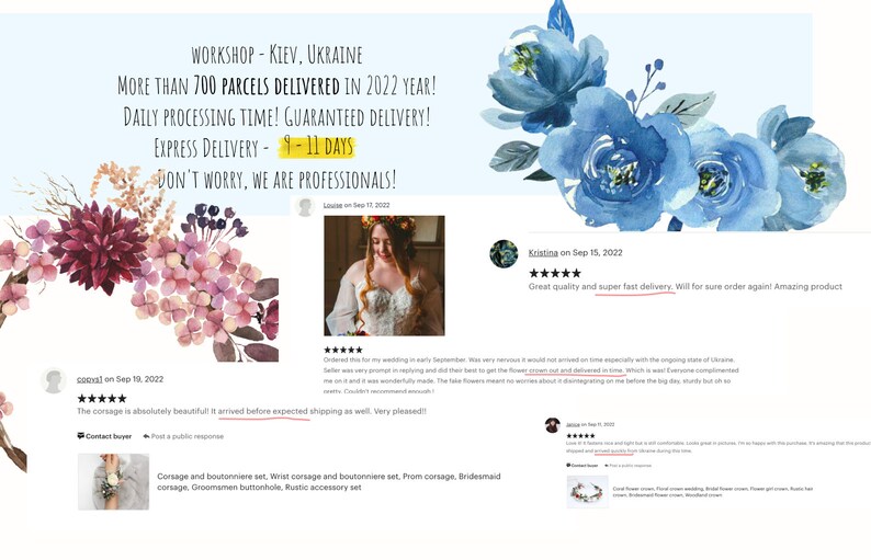 May include: A collection of customer reviews for a shop that sells corsages and boutonnieres. The reviews are positive and highlight the quality of the products and the fast shipping times. The shop also advertises that they have delivered over 700 parcels in 2022.