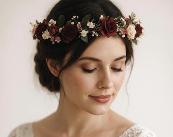 Burgundy flower hairpiece, Bridal floral accessory, Rustic wedding headpiece, Marsala floral crown, Flower girl hairpiece, Bridesmaid crown