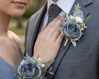 Dusty Blue Prom Corsage and Boutonniere Set, Gray Wedding Corsage Bracelet for Bridesmaid