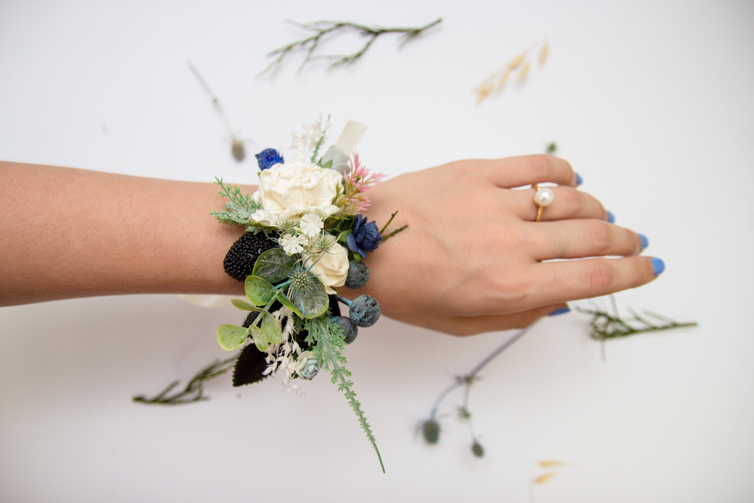 Wristlet Corsage White and Blue – Floral Petals of Westchester