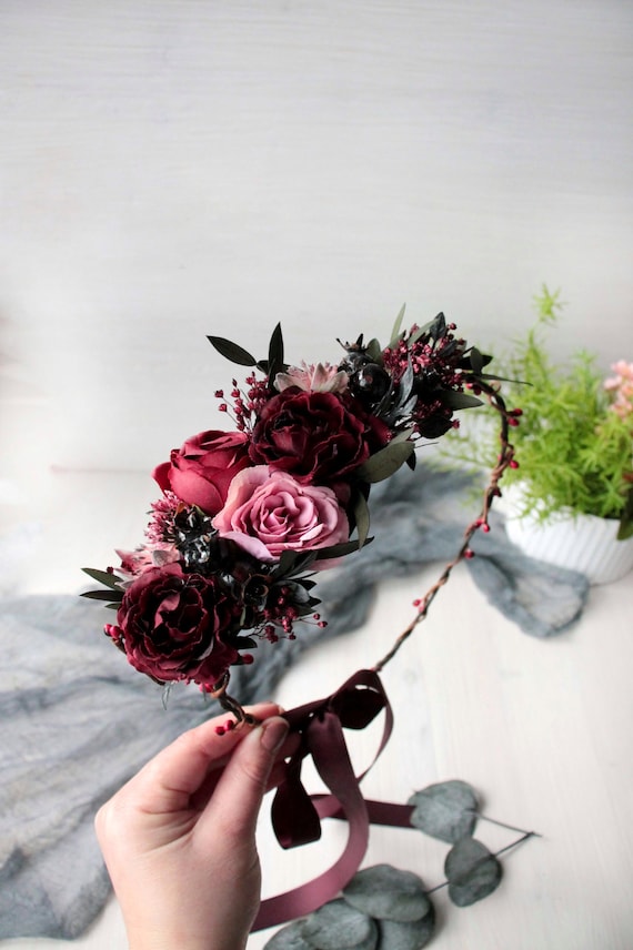 Burgundy flower headpiece, Marsala floral crown, Rustic wedding hairpiece, Bridesmaid crown, Bridal flower accessory, Flower girl hairpiece