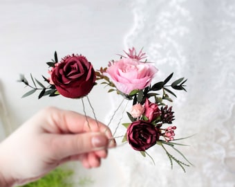 Burgundy flower pin, Bridal hair pins, Bridesmaid  hair clip,  Flower hair accessories, Wedding headpiece, Boho clips, Floral hair pin