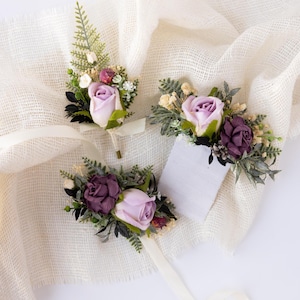 Purple corsage boutonniere rose set wedding Bridal wrist corsage Groom silk floral pocket boutonniere Bridesmaid corsage Gift for groomsmen
