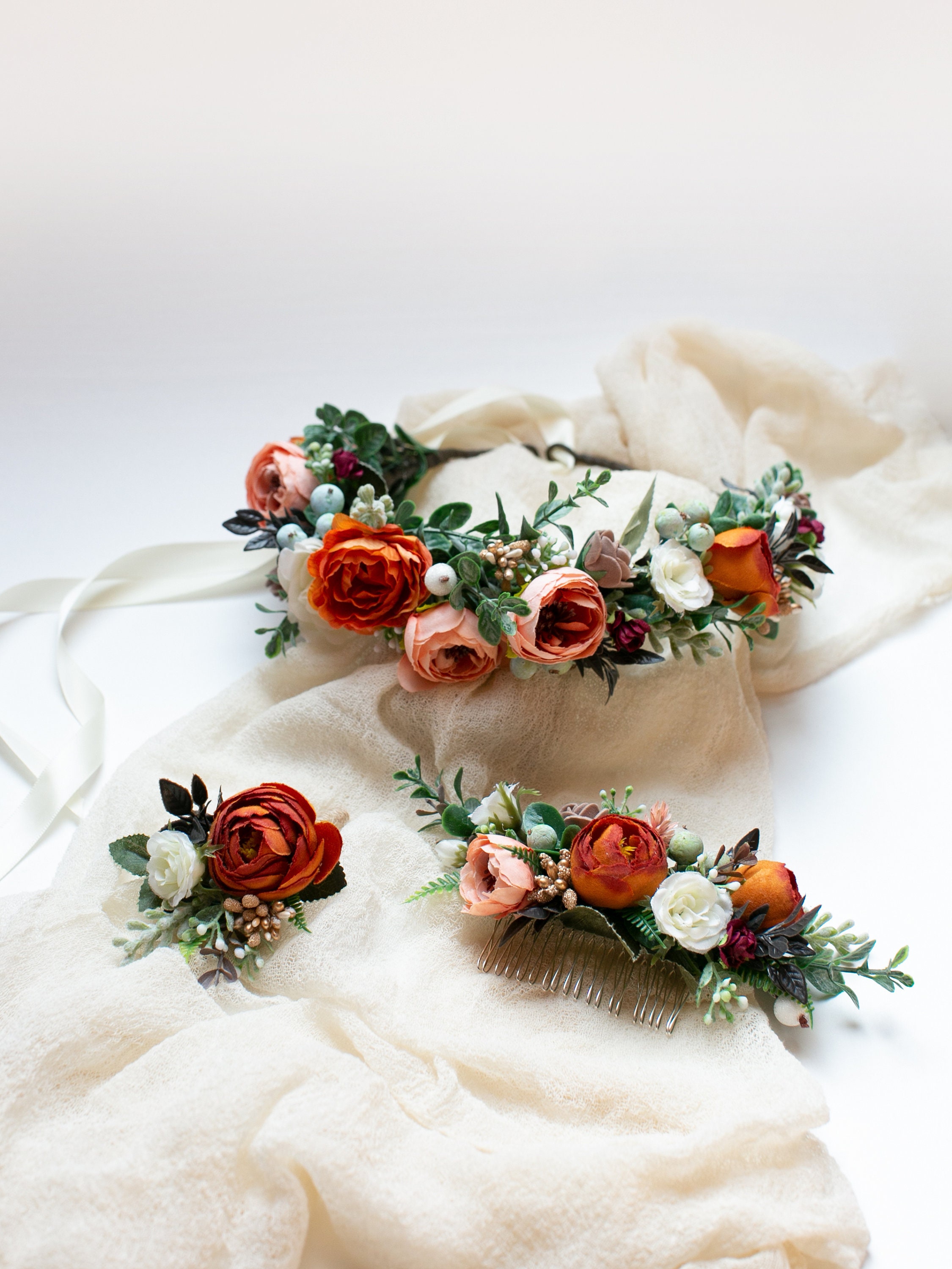 Boho flower hairpiece, Burnt orange crown, Coral floral headpiece, Bridal flower crown, Fall wedding, Rustic wedding hairpiece, Orange crown