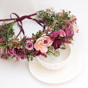 Purple flower crown, Boho floral crown, Lilac flower crown, Maternity crown, Dried flower halo, Bridal flower hairpiece Maroon flower crown image 8