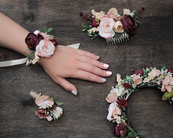 Pink Burgundy Wedding Floral Accessories, Autumn Wedding Set Bridesmaid Corsage Boutonniere Bridesmaid Headpiece Flower Girl Floral C