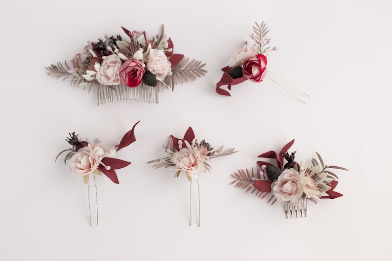 Burgundy Blush Flower Comb Blush Hair Accessories Boho Bride Etsy