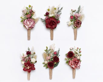 Men's floral boutonniere, Marsala flower buttonhole, Groom's boutonniere, Burgundy buttonhole set, Wedding accessories, Rustic wedding