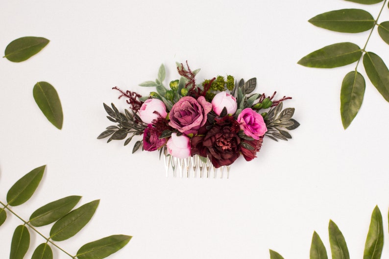 Purple floral comb, Burgundy hair comb, Rustic hair accessory, Wedding hair piece, Bride pink hair comb, Floral headpiece, Blush hair comb image 3