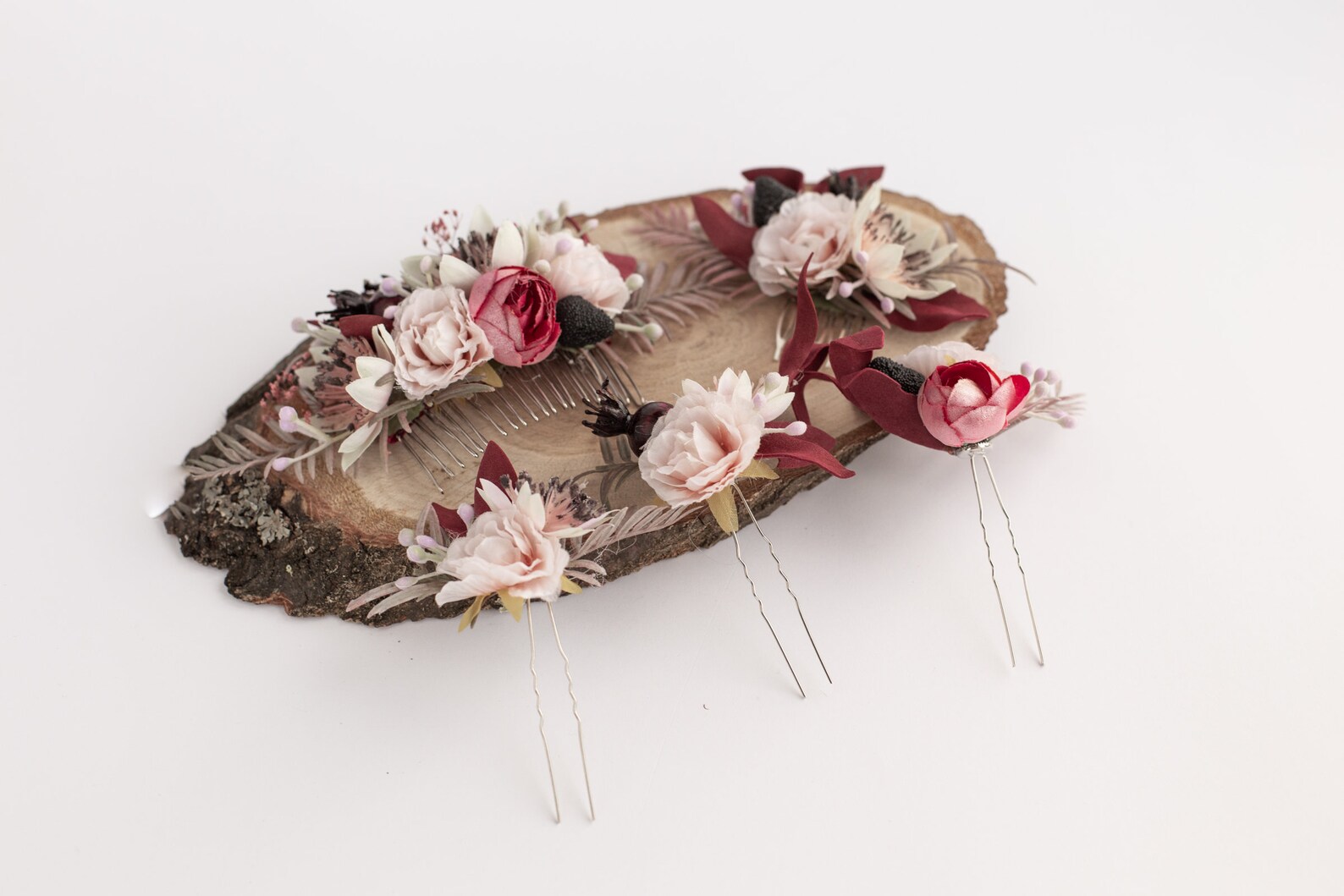 Burgundy Blush Flower Comb Blush Hair Accessories Boho Bride Etsy