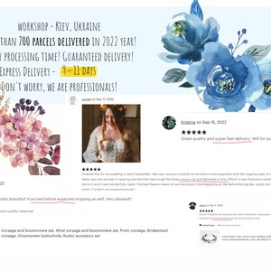 May include: A collection of customer reviews for a shop that sells corsages and boutonnieres. The reviews are positive and highlight the quality of the products and the fast shipping times. The shop also advertises that they have delivered over 700 parcels in 2022.
